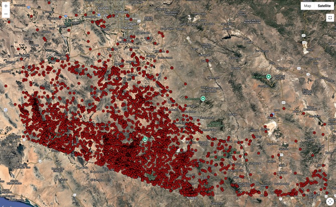 Each red dot marks the place where a person was found dead.