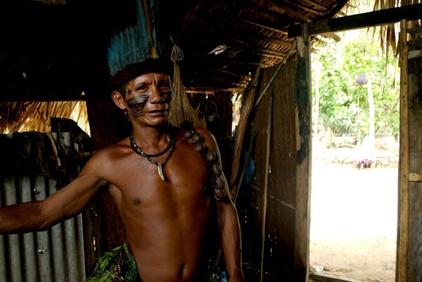 An indigenous man stands in a traditional Amazon dwelling